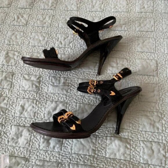 READ DESCR Louis Vuitton Black Tupelo Sandals Calf Leather w/ Box Size 34.5 Rubb - Picture 5 of 10